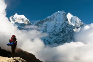 Kangtega and Thamserku with tourist – beautiful mounts above the Namche Bazar on the way to Everest Base Camp – Nepal