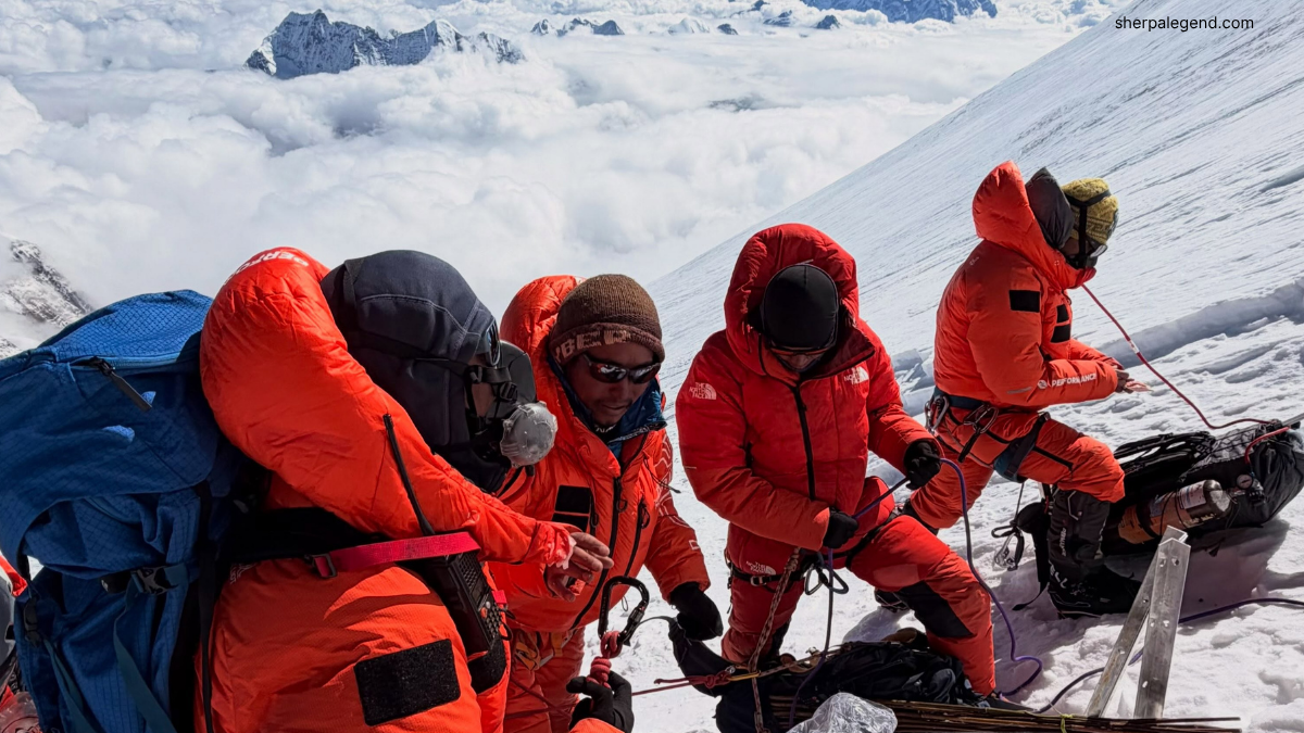 Manaslu rope-fixing team fixing ropes somewhere on Manaslu.