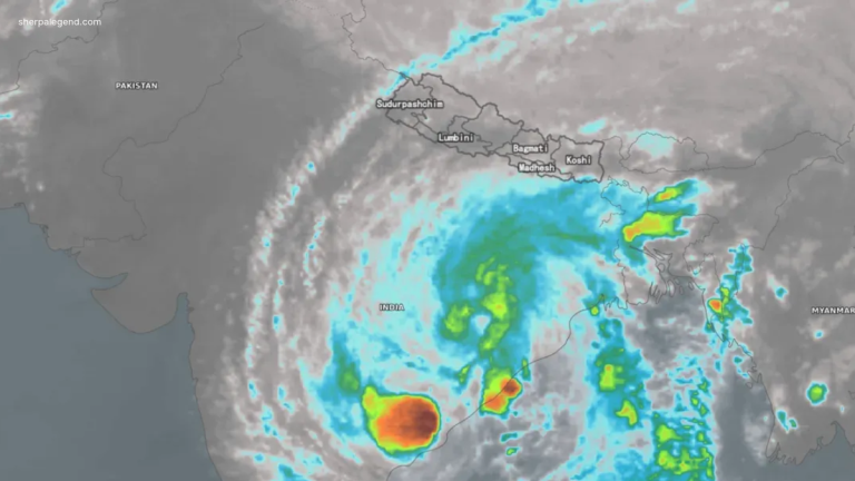 Satellite imagery shows Cyclone Arnab over the Bay of Bengal, approaching eastern India and Bangladesh.